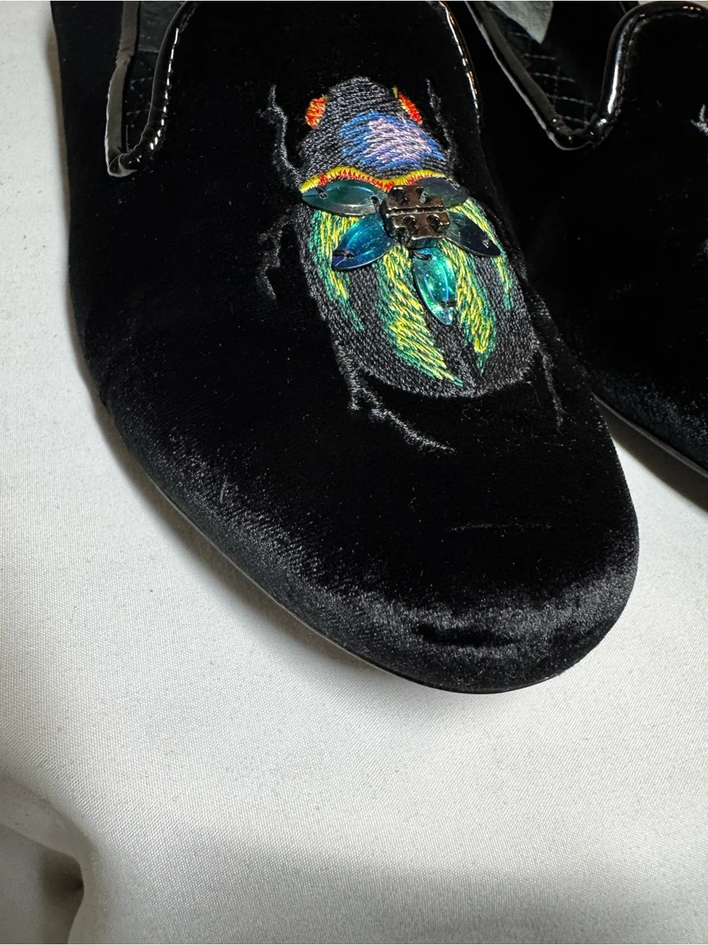 Tory Burch - Easton Black Velvet Embroidered Slip-On Loafers - 8.5
